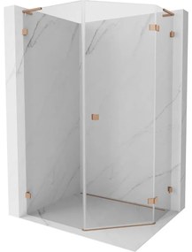 Mexen Lunar, L pravý výklopný päťuholníkový sprchový kút 80 x 100 cm, 8mm číre sklo, profil medená matná, 831L-080P-100L-65-00-P