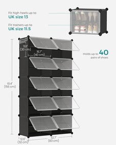 Topánková skriňa, 10 priehradková modulárna úložná jednotka, 32 x 165 x 125 cm, čierna