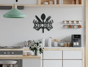 drevko Drevený nápis Kitchen s príborom a zdobením Rozmer obrazu: 32,5 x 34,5 cm, Farba dekorácie: Čierna