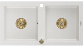 Mexen Mario, granitový drez 820x436x161 mm, 2-komorový, biela so zlatým sifónom, 6504822000-20-G