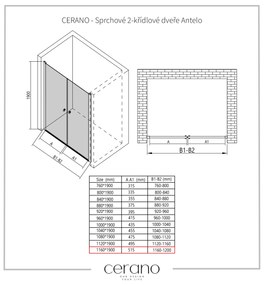 Cerano Antelo, 2-krídlové sprchové dvere 116x190 cm, 6mm číre sklo, chrómový profil, CER-CER-432337