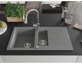 Mexen Matias, 1,5-komorový granitový drez 900x505x200 mm a drezová batéria Elia, šedá, 6502-71-670101-00