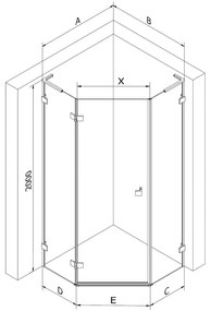 Mexen Lunar, L päťuholníkový sprchový kút naklápací doľava 80 x 80 cm, 8mm číre sklo, profil ružové zlato, 831L-080L-080P-60-00-L