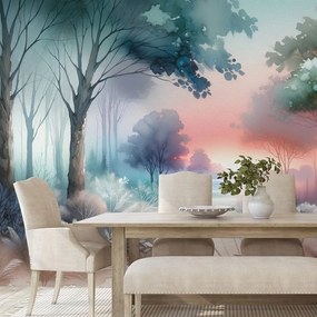 Samolepiaca tapeta pastelová lesná krajina pri západe slnka