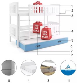 Poschodová posteľ s prístelkou KUBO 3 200x90 biela - modrá