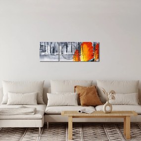 Obraz - Victoria Harbor, Hong Kong, čiernobiela olejomaľba (s hodinami) (90x30 cm)