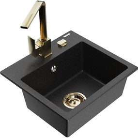 Mexen Milo, 1-komorový granitový drez 435x410x171 mm a zlatá batéria Rita, čierna-strieborná metalíza, 6505-73-670300-50