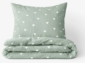 Goldea krepové posteľné obliečky - srdiečka na šalviovo zelenom 140 x 200 a 70 x 90 cm