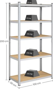 5-úrovňový garážový regál s vysokou nosnosťou, strieborný