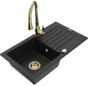 Mexen Pablo, granitový drez 752x436x161 mm, 1-komorový a drezová batéria Savita, čierna, 6510-77-672601-50