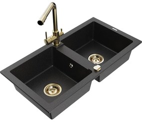 Mexen Mario, 2-komorový granitový drez 820x436x161 mm a zlatá drezová batéria Duero, čierna-strieborná metalíza, 6504-73-671600-50