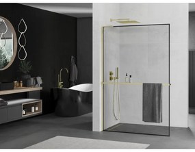 Mexen Kioto+ L, sprchová zástena Walk-In s poličkou a vešiakom 80 x 200 cm, 8mm číre sklo čierny vzor, zlatý lesklý profil,800-080-123-50-70