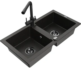 Mexen Mario, 2-komorový granitový drez 820x436x161 mm a čierna drezová batéria Duero, čierna-zlatá metalíza, 6504-75-671600-70-B