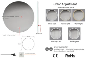 Erga Sofia, okrúhle LED zrkadlo 50cm, 1150 lm, 3 farby svetla, ERG-V01-207-5050