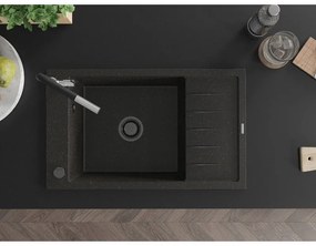 Mexen Elias, 1-komorový granitový drez 795x480x200 mm a drezová batéria Flora, čierna-zlatá metalíza, 6511-75-670401-07-B