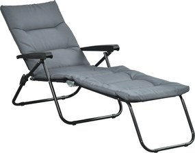 Outsunny šedý skladací lehátko so 6-nastaviteľným operadlom, matrac + opierky rúk, oceľ, polyester | Aosom