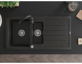 Mexen Andres 1,5-komorový granitový kuchynský drez s odkvapkávačom 100x50 cm a kuchynská batéria Telma, čierna-zlatá, 6515-75-670200-70