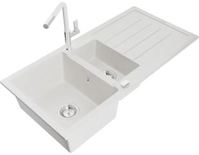 Mexen Andres, 1,5-komorový granitový drez 1000x500x200 mm a drezová batéria Flora, biela, 6515-20-670401-02