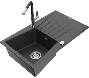 Mexen Cesar, 1-komorový granitový drez 775x470x190 mm a drezová batéria Flora, čierna škvrnitá, 6514-76-670401-07