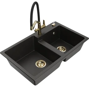 Mexen Tomas, 2-komorový granitový drez 800x500x190 mm  a kuchynská batéria Duo, čierna-zlatá metalíza, 6516-75-671701-57-G
