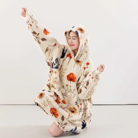 Baránková mikinová deka s rukávmi a kapucňou PAPAVA, krémová