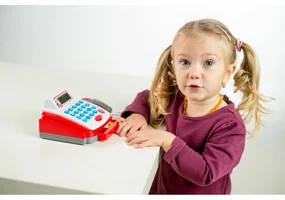 Pokladňa malá digitálna, plast, 18 cm s doplnkami, na batérie so zvukom so svetlom