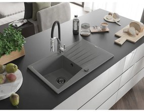 Mexen Cesar, 1-komorový granitový drez 775x470x190 mm a drezová batéria Aster, šedá, 6514-71-73450-07-B