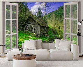 Gario Fototapeta Okno - pohľad na chatu v lese Materiál: Vliesová, Rozmery: 210 x 150 cm