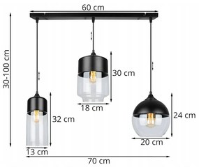 Závesné svietidlo Oslo 4, 3x čierne/transparentné sklenené tienidlo