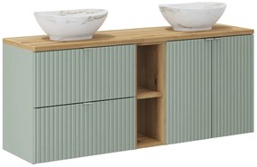 Závěsná skříňka Line Reed Green s deskou a umyvadly 140 cm zelená/dub evoke