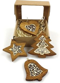 AMADEA Vianočný set 4 druhov drevených ozdôb z masívu s vkladom - ornament + krabička