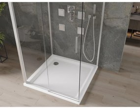 Mexen Omega, 3-stenový sprchovací kút s posuvnými dverami 100 (dvere) x 100 (stena) x 190 cm, 8mm číre sklo, chrómový profil + biela sprchová vanička SLIM, 825-100-100-01-00-3s-4010