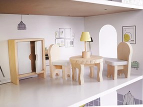 KIK Drevený domček pre bábiky 70 cm s nábytkom – trojposchodový moderný sivý
