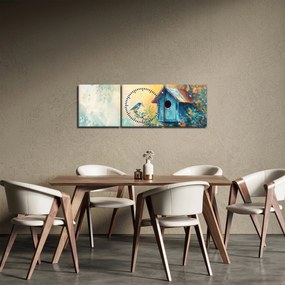 Obraz - Vtáčia búdka, akvarel (s hodinami) (90x30 cm)