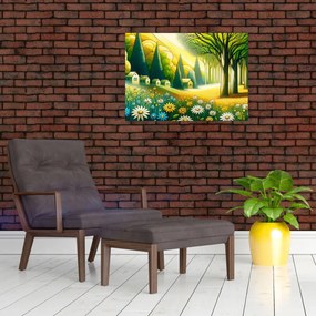 Sklenený obraz - Dedina v žlto-zelenej (70x50 cm)