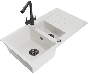 Mexen Matias, granitový drez 900x505x200 mm, 1,5-komorový a čierna batéria Duero, biela, 6502-20-671600-70