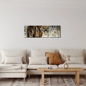 Obraz - Tiger v zasneženom lese, olejomaľba (s hodinami) (90x30 cm)