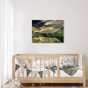 Sklenený obraz jazera s presvitajúcim slnkom (70x50 cm)