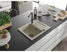 Mexen Enzo, 1-komorový granitový drez 576x465x174 mm a drezová batéria Flora, béžová, 6506-69-670401-70-B