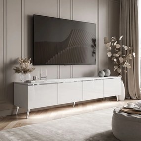 TV STOLÍK NESSIE ART 3 BIELY LESK + STRIEBORNÁ LIŠTA 200 cm LED