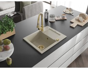 Mexen Enzo, 1-komorový granitový drez 576x465x174 mm a drezová batéria Elia, béžová, 6506-69-670101-50