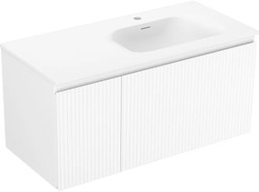 Mexen Rivel, kúpeľňová skrinka 100 cm s pravým umývadlom Vela, 1S, 1D, drážkovaná, biela matná, 91A23-10047-3-BBFF01-W23P01