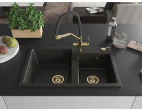 Mexen Tomas, 2-komorový granitový drez 800x500x190 mm  a kuchynská batéria Duo, čierna-zlatá metalíza, 6516-75-671701-57-G