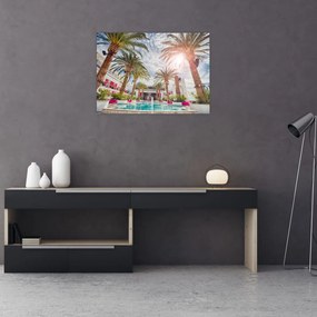 Sklenený obraz - palmy s bazénom (70x50 cm)