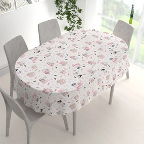 Biante Detský bavlnený oválny obrus Sandra SA-654 Mačací svet ružovo-hnedý na bielom 140x220 cm