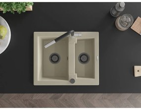 Mexen Carlos, 1,5-komorový granitový drez 582x475x177 mm a drezová batéria Flora, béžová, 6518-69-670401-07-B