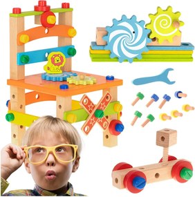 KIK Drevená stavebnica 49 dielov – dielenská stolička, montážna súprava, vzdelávacia hračka 3+