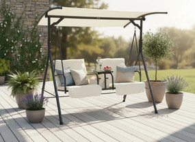 Dvojmiestna záhradná hojdačka v béžovej farbe so stojanom na hrnčeky 170 x 110 x 165 cm