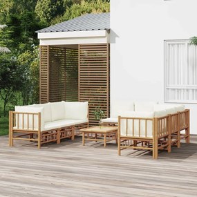 9-dielna záhradná sedacia súprava krémovobiele vankúše bambus 3155187