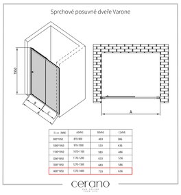 Cerano Varone, sprchovací kút s posuvnými dverami 140 (dvere) x 100 (stena) x 195 cm, 6mm šedé sklo, čierny profil, CER-CER-429715